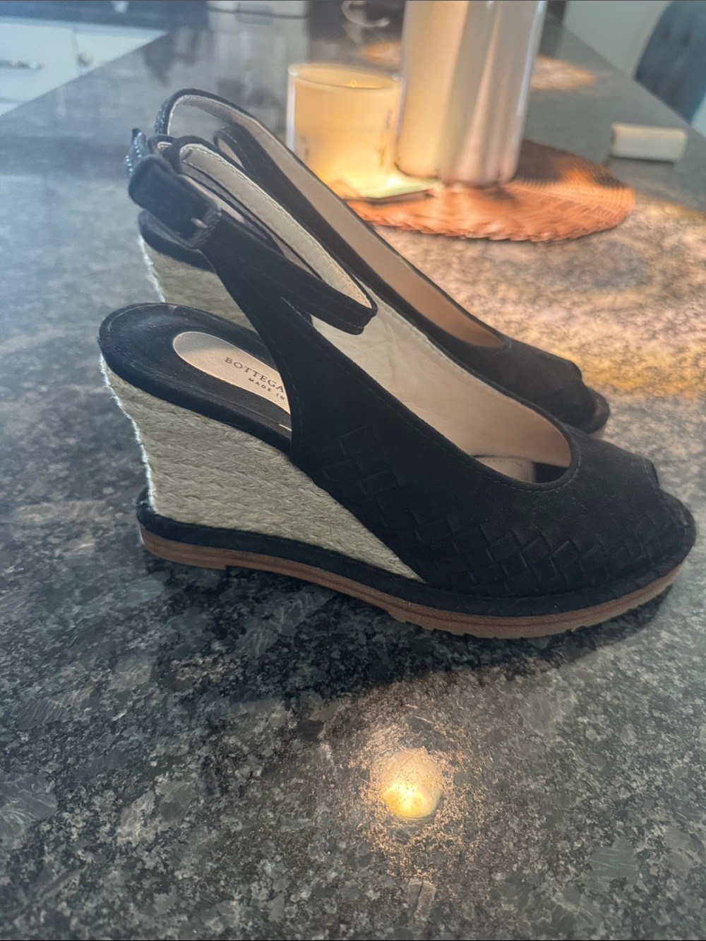 Bottega Veneta Black Woven Peep-Toe Espadrille Wedge Slingbacks size 39